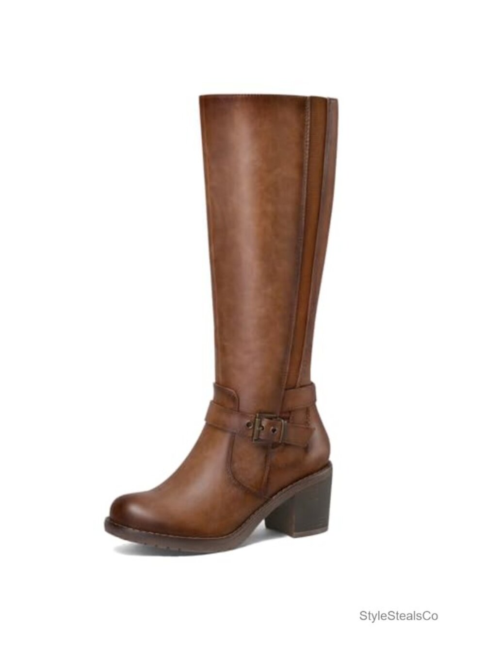 Women's Knee High Chunky Block Heel Boots Elastic Side Zip PU